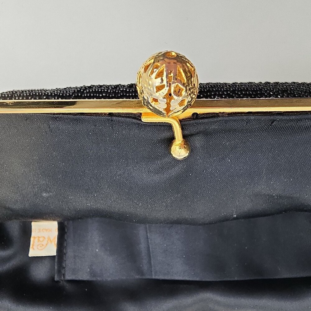 VTG Black & Gold Hand-Beaded Evening Bag Ornate Design & Chain Strap By Walborg - Picture 13 of 16